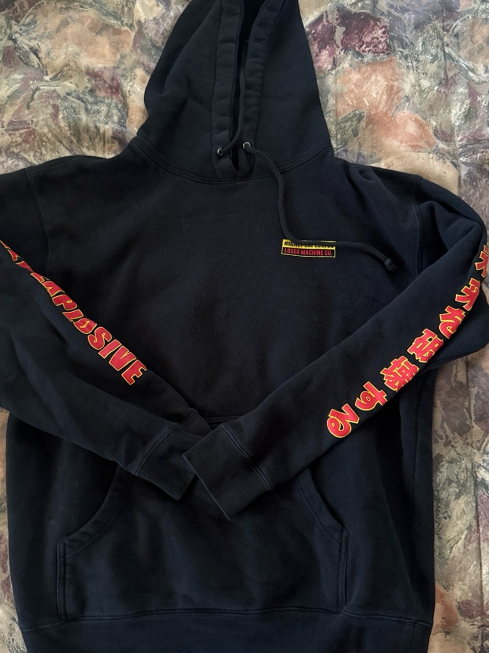 Black Graphic Hoodie Sweatshirt with Red Sleeve Print